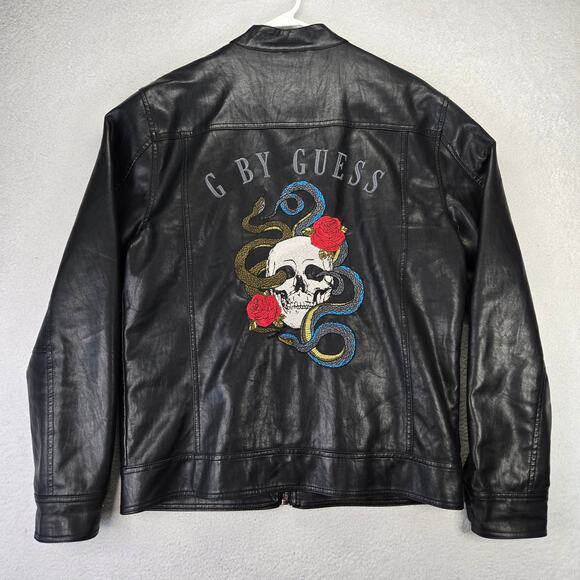 Guess Embroidered Faux Leather Jacket Womens Large Snake Skull Grunge Punk Rock - Picture 1 of 14